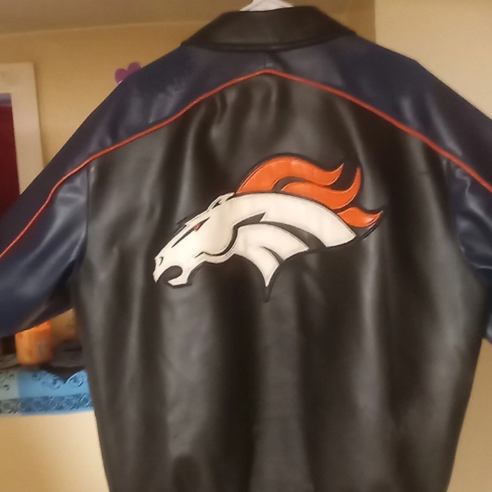 Denver Broncos Men's Black Leather Jacket with Orange Accents